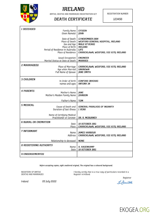 Modèle Word et PDF de certificat de décès de l'état civil de l'Irlande